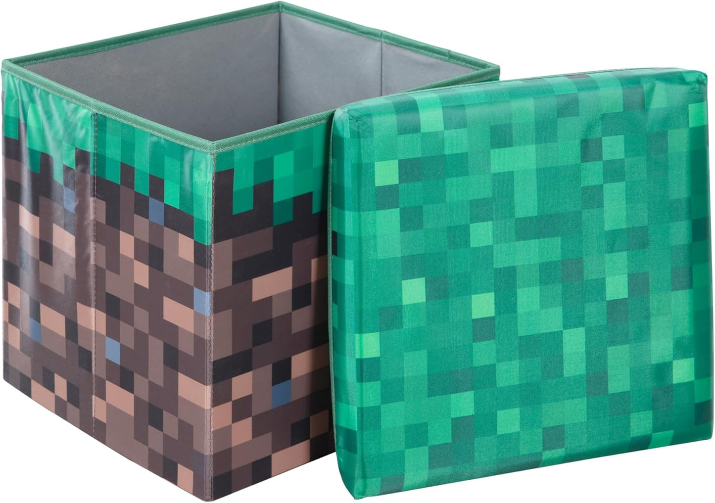 Minecraft: Ottoman - Small - Pixel Grass Block Collapsible Storage W/Lid, Footrest Box,11X.8 Square Cube, Store Toys, Game Theme Decor, Licensed