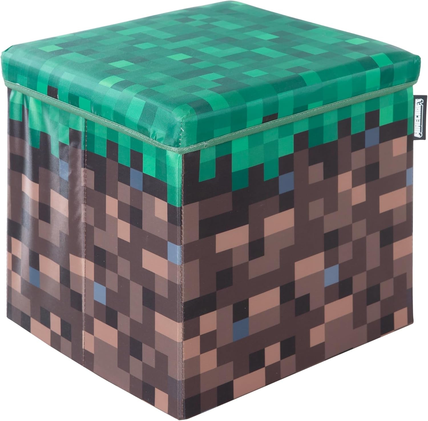 Minecraft: Ottoman - Small - Pixel Grass Block Collapsible Storage W/Lid, Footrest Box,11X.8 Square Cube, Store Toys, Game Theme Decor, Licensed