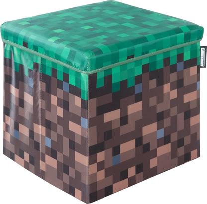 Minecraft: Ottoman - Small - Pixel Grass Block Collapsible Storage W/Lid, Footrest Box,11X.8 Square Cube, Store Toys, Game Theme Decor, Licensed